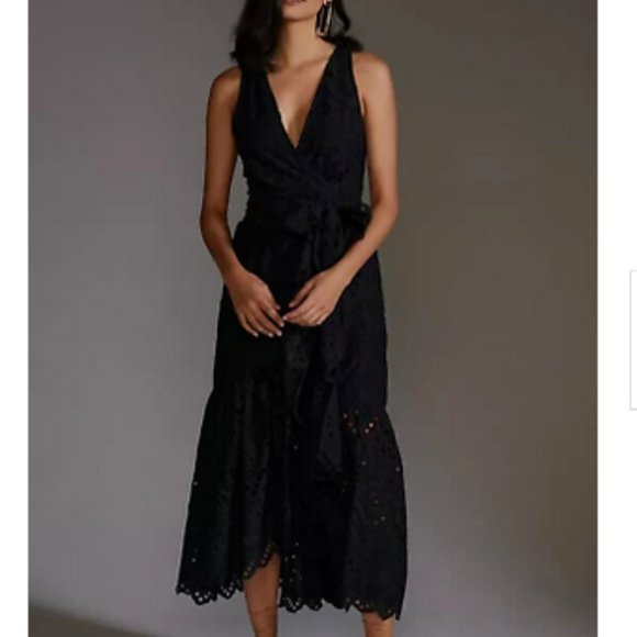 Anthropologie Maeve 6 NWT Eyelet Wrap Midi Dress Black $180 Pockets Cocktail - Picture 6 of 6